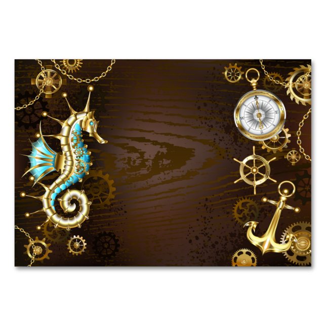 Tarjeta De Mesa Fondo de madera con caballito de mar mecánico (Anverso)