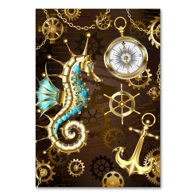 Tarjeta De Mesa Fondo de madera con caballito de mar mecánico (Anverso)