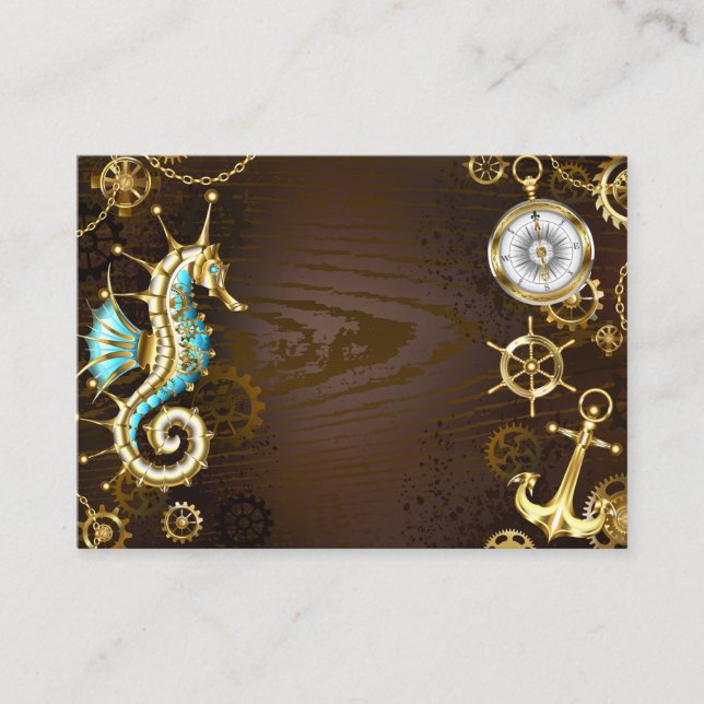Tarjeta De Mesa Fondo de madera con caballito de mar mecánico (Anverso)