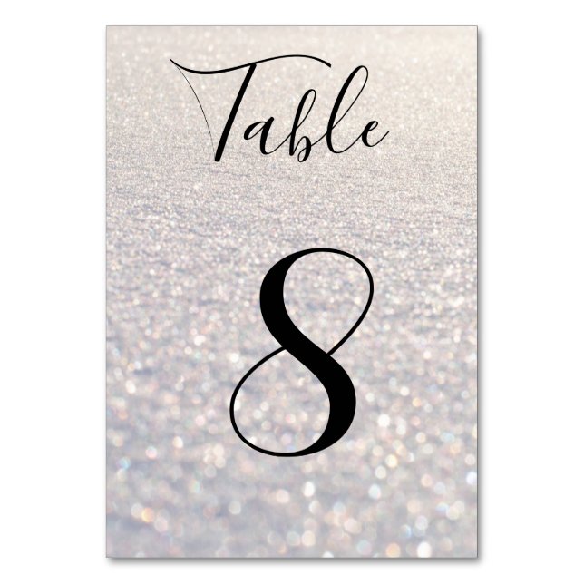 Tarjeta De Mesa fondo purpurina blanco elegante (Anverso)