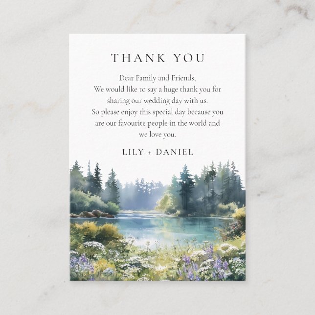 Tarjeta De Mesa Forest Lakeside Wildflower Wedding Thank You (Anverso)