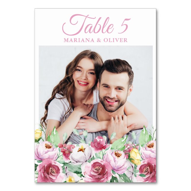 Tarjeta De Mesa Foto Boda Floral Rosa (Anverso)