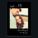 Tarjeta De Mesa Foto caligráfica Monograma negro Boda<br><div class="desc">Elegante caligrafía Script Corazón Boda Negro Números de tabla Doble cara con foto personalizada personalizado. Ayude a sus huéspedes a encontrar fácilmente su camino con estas sencillas y elegantes tarjetas de doble cara. ¡Añadir fácilmente fotos, números, nombres de monogramas con corazón y fecha! Presenta una caligrafía con letras a mano...</div>