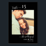 Tarjeta De Mesa Foto caligráfica Monograma negro Boda<br><div class="desc">Elegante caligrafía Script Corazón Boda Negro Números de tabla Doble cara con foto personalizada personalizado. Ayude a sus huéspedes a encontrar fácilmente su camino con estas sencillas y elegantes tarjetas de doble cara. ¡Añadir fácilmente fotos, números, nombres de monogramas con corazón y fecha! Presenta una caligrafía con letras a mano...</div>