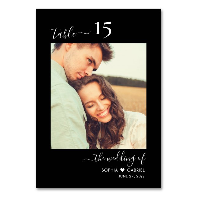 Tarjeta De Mesa Foto caligráfica Monograma negro Boda (Anverso)