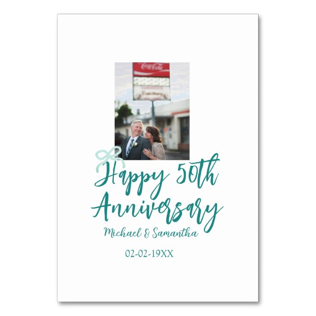 Tarjeta De Mesa Foto de aniversario número 50 lazo turquesa nombre (Anverso)