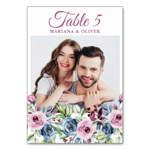 Tarjeta De Mesa Foto de la Marina Azul Borgoña Boda Floral Numb