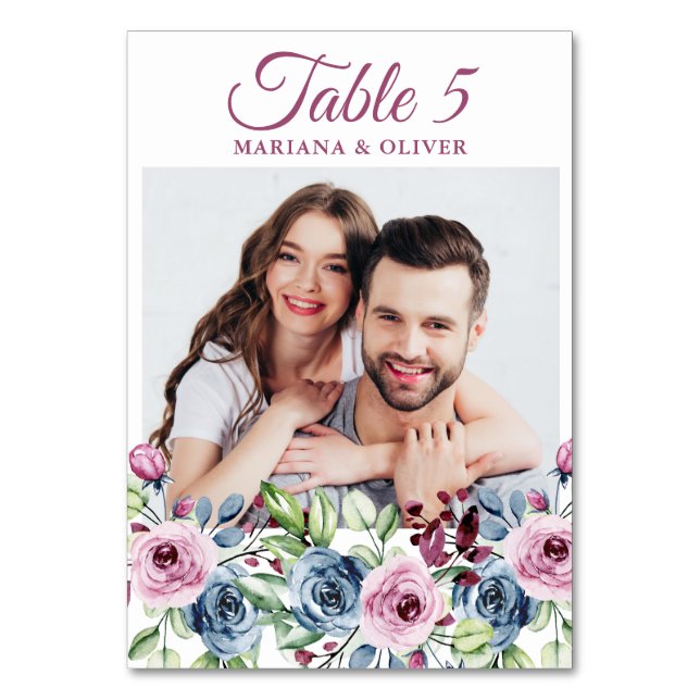 Tarjeta De Mesa Foto de la Marina Azul Borgoña Boda Floral Numb (Anverso)