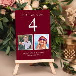 Tarjeta De Mesa Foto divertida Boda rojo borgoña<br><div class="desc">Diviértete con la decoración de la recepción de tu boda con estas tarjetas de números rojos burdeos donde cada número de mesa corresponde a fotos de la novia y del novio a la misma edad. Por ejemplo, en el cuadro 4, personalice el número de la tabla con "4" y añada...</div>