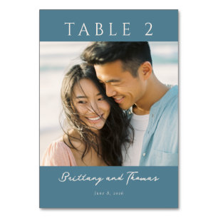 Tarjeta De Mesa Foto minimalista romántica en azul cyan