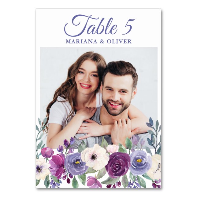 Tarjeta De Mesa Foto: Purple Fuchsia Burgundy Floral Boda (Anverso)