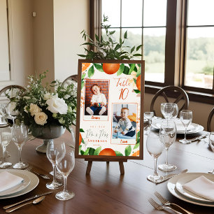 Tarjeta De Mesa Fotos Infantiles Del Boda Naranja Bride & Groom