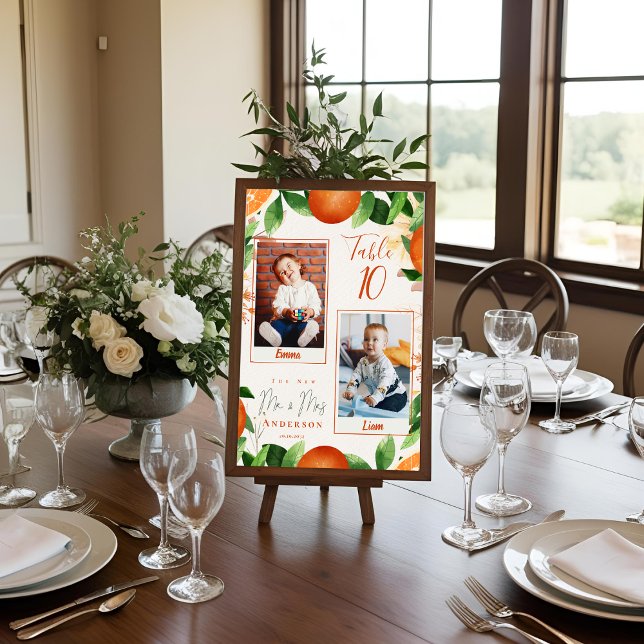 Tarjeta De Mesa Fotos Infantiles Del Boda Naranja Bride & Groom (Childhood Photos Of Bride & Groom Orange Wedding Table Number)