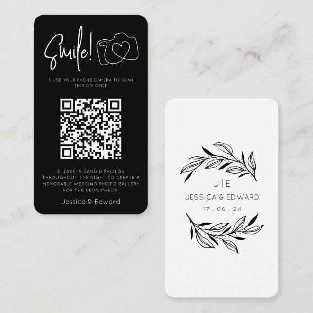 Tarjeta De Mesa Fotos memorables Código Qr Moda negra Boda moderno (Anverso / Reverso)