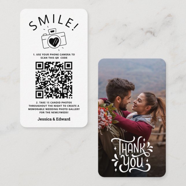 Tarjeta De Mesa Fotos memorables Código Qr Moda negra Boda moderno (Anverso / Reverso)