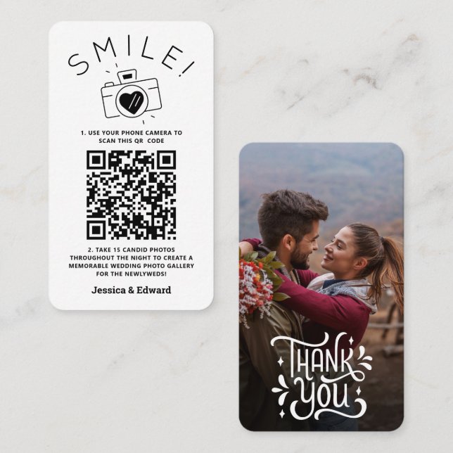 Tarjeta De Mesa Fotos memorables Código Qr Moda negra Boda moderno (Anverso / Reverso)