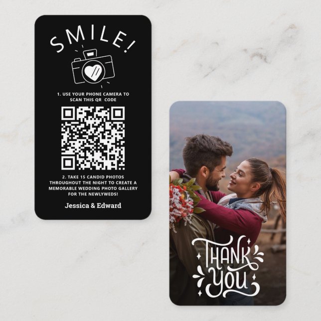 Tarjeta De Mesa Fotos memorables Código Qr Moda negra Boda moderno (Anverso / Reverso)