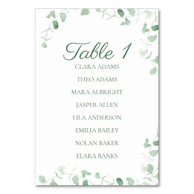 Tarjeta De Mesa Fresh Eucalyptus Greenery Numeric Seating Display (Anverso)