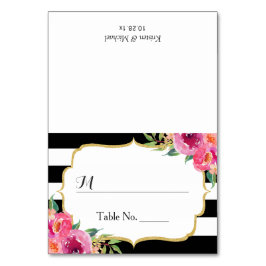 Tarjeta De Mesa Fuchsia Floral Black Stripes Blanco Lugar Boda