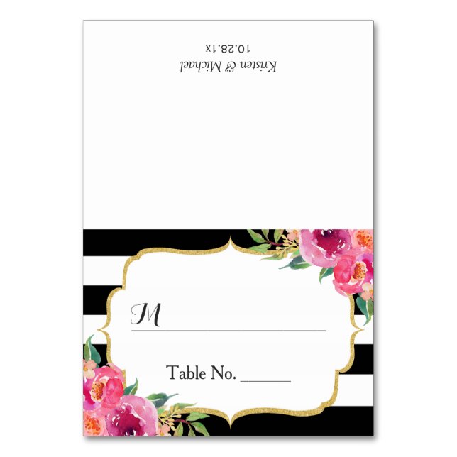 Tarjeta De Mesa Fuchsia Floral Black Stripes Blanco Lugar Boda (Anverso)