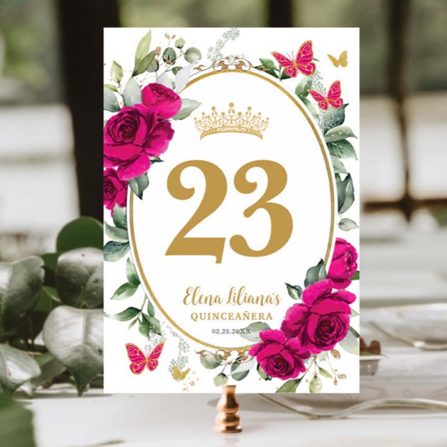 Tarjeta De Mesa Fuchsia Hot Pink Floral Butterflies Quinceanera XV (Subido por el creador)