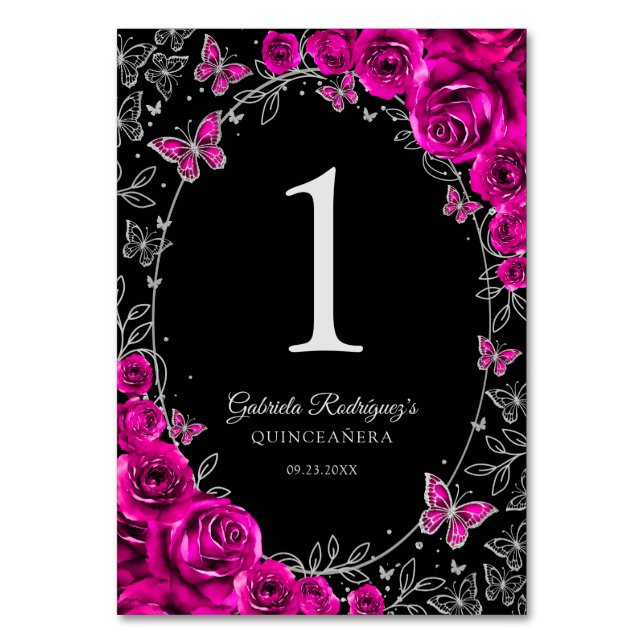 Tarjeta De Mesa Fuchsia Pink Black Silver Quinceanera (Anverso)
