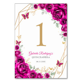 Tarjeta De Mesa Fuchsia Pink Gold Floral Quinceanera