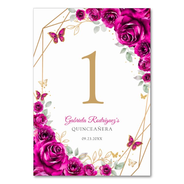 Tarjeta De Mesa Fuchsia Pink Gold Floral Quinceanera (Anverso)
