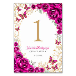 Tarjeta De Mesa Fuchsia Pink Gold Floral Quinceanera