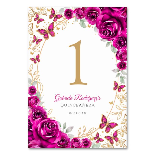 Tarjeta De Mesa Fuchsia Pink Gold Floral Quinceanera (Anverso)