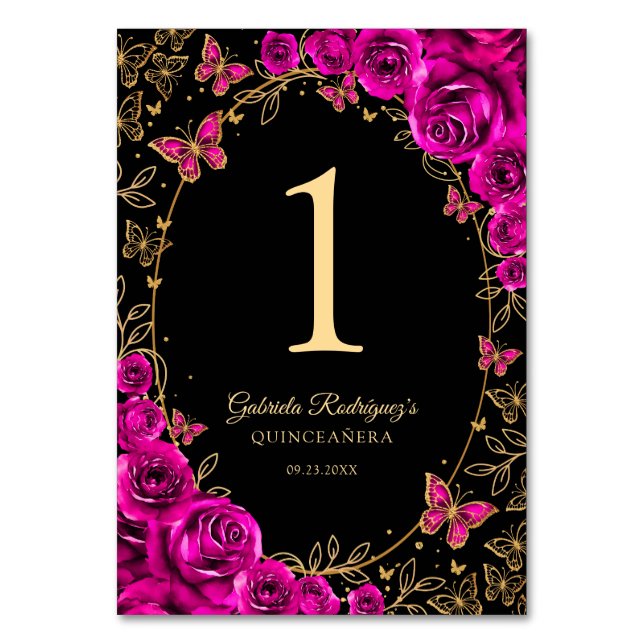 Tarjeta De Mesa Fuchsia Pink Gold Quinceanera (Anverso)