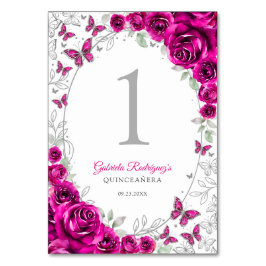 Tarjeta De Mesa Fuchsia Pink Silver Floral Quinceanera