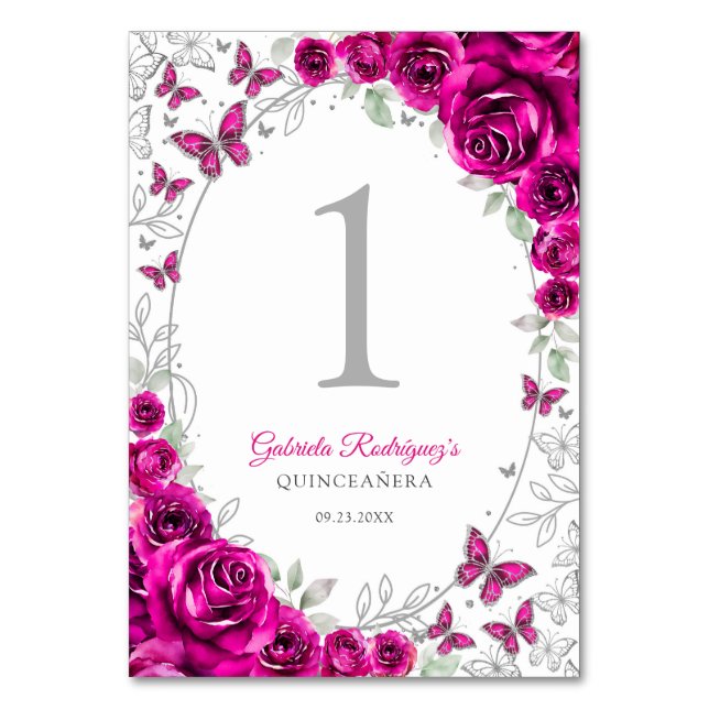 Tarjeta De Mesa Fuchsia Pink Silver Floral Quinceanera (Anverso)
