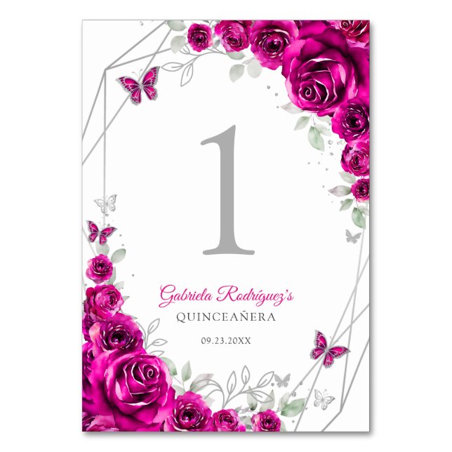 Tarjeta De Mesa Fuchsia Pink Silver Floral Quinceanera (Anverso)