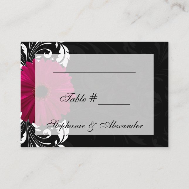 Tarjeta De Mesa Fuchsia Scroll Gerbera Daisy con negro y blanco (Anverso)