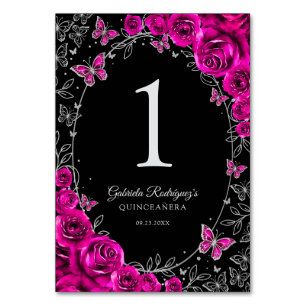 Tarjeta De Mesa Fucsia Rosa Negro Quinceañera Plata