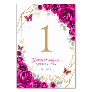 Tarjeta De Mesa Fucsia Rosa Oro Quinceañera Floral