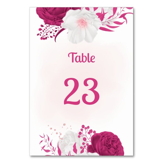 Tarjeta De Mesa fucsia y flores blancas botánicas (Anverso)