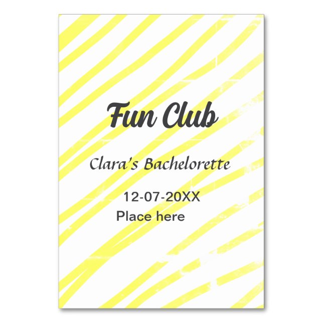 Tarjeta De Mesa Fun Club bachelorette party yellow lines backgroun (Anverso)