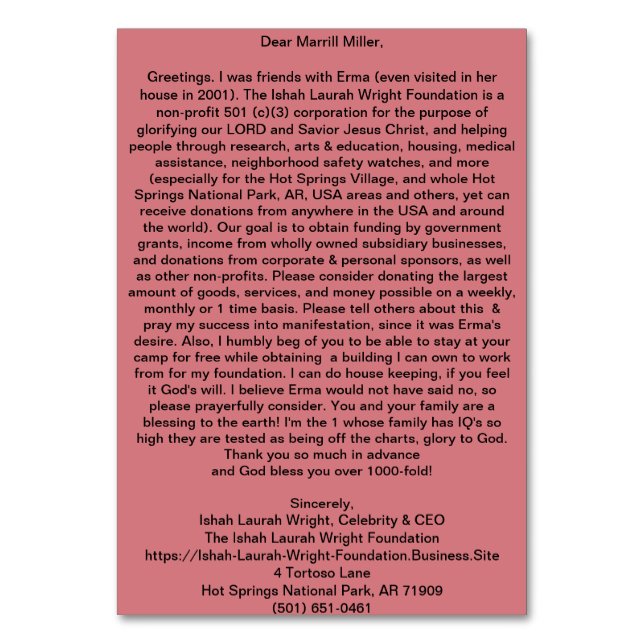 Tarjeta De Mesa Fundación Ishah Laurah Wright (Reverso)