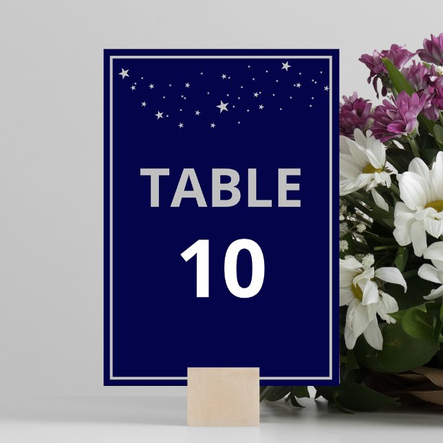 Tarjeta De Mesa Gala de caridad de la compañía Ball Elegant Silver (Table number in blue with silver stars - part of the Charity Gala Ball Silver Foil Stars Collection.)