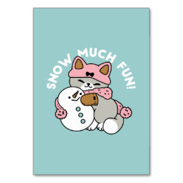 Tarjeta De Mesa Gato lindo en arte de nieve con muñeco de nieve