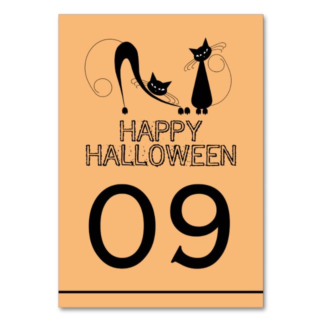 Tarjeta De Mesa Gato negro elegante, Halloween feliz (Anverso)
