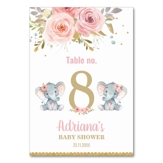 Tarjeta De Mesa Gemelos elefantes Chicas Baby Shower Floral rosa (Anverso)
