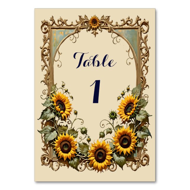 Tarjeta De Mesa Girasol amarillo con boda de marco de arte (Anverso)