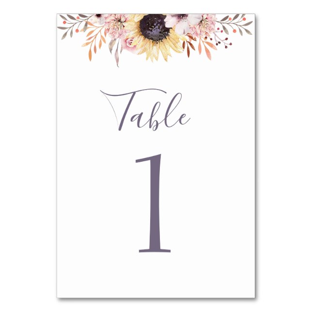 Tarjeta De Mesa Girasol. Número de tabla de boda (Anverso)