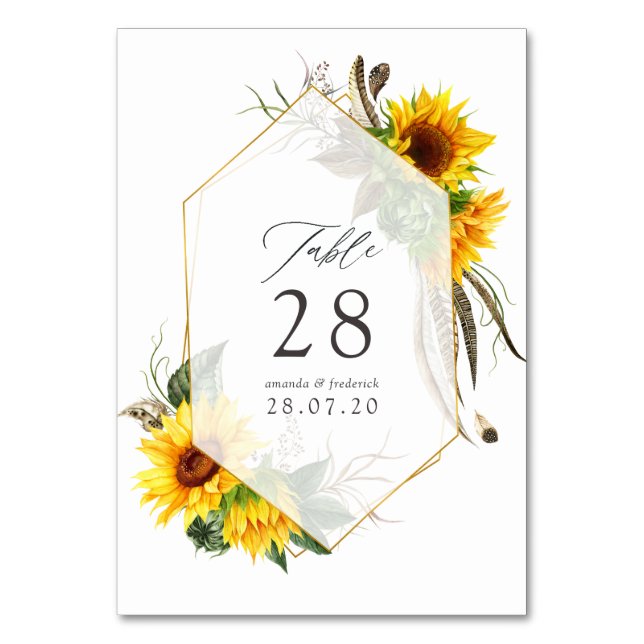 Tarjeta De Mesa Girasoles acuarela boda geométrica rústica (Anverso)
