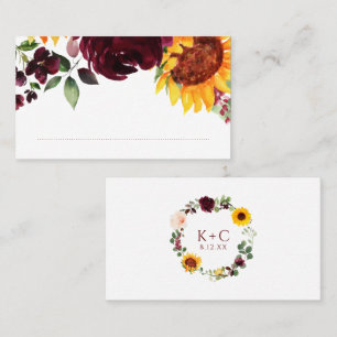 Tarjeta De Mesa Girasoles Rosas Rojas Borgoña Boda Otoño