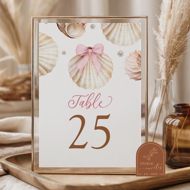 Tarjeta De Mesa Girl Pink Bow Shell Baby Shower Table Number (Subido por el creador)