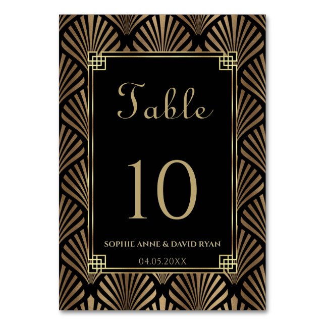 Tarjeta De Mesa Glam Black Gold Art Deco Roaring Boda de los años  (Anverso)